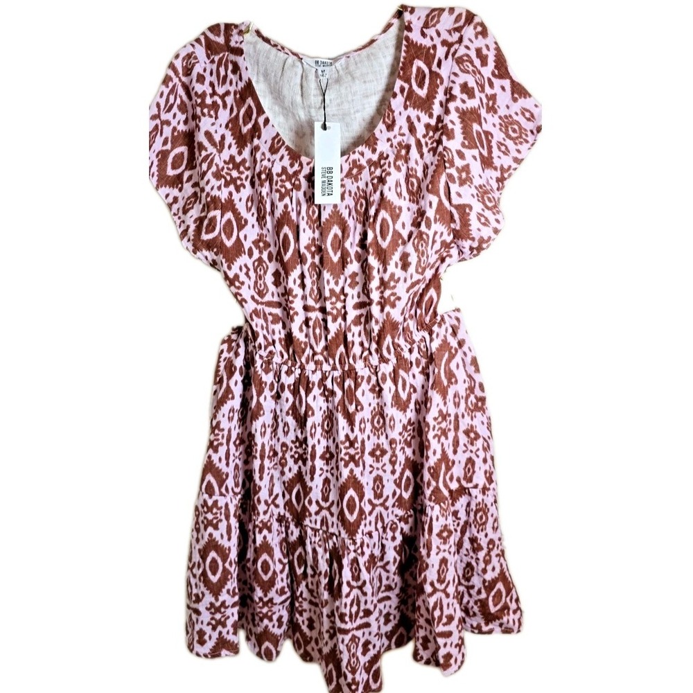 NWT BB Dakota Steve Madden Smocked Mini Dress Women Medium Ikat Print Boho - Picture 2 of 13